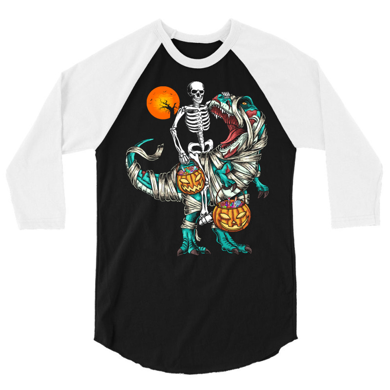 Halloween T  Shirt Halloween Skeleton Riding Mummy Dinosaur T Rex Pump 3/4 Sleeve Shirt | Artistshot