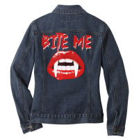 Bite Me Funny Halloween Vampire Bite Me Tank Top Ladies Denim Jacket | Artistshot