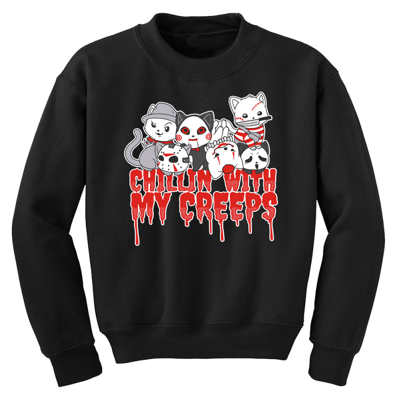 Chillin With My Creeps Cat Horror Serial Killer Halloween T Shirt Youth Sweatshirt by LoriMccarty89 | Artistshot