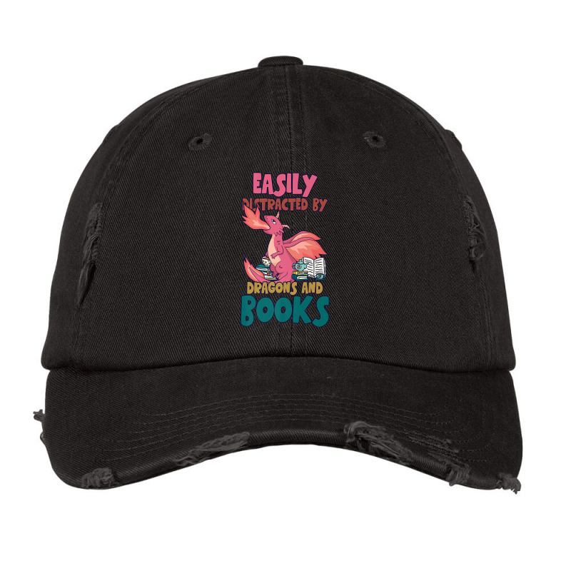 Easily Distracted By Dragon And Books Funny Dragon Designs Gift Men Vintage Cap by HailieDesign | Artistshot