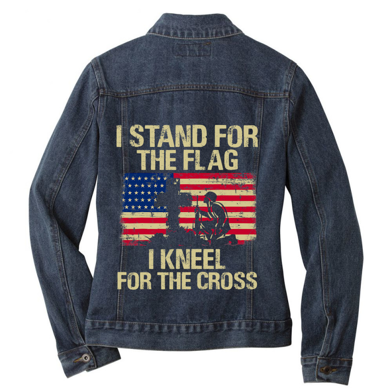 I Stand For The Flag I Kneel For The Cross Veteran Day Gift 19 Ladies Denim Jacket by pester | Artistshot