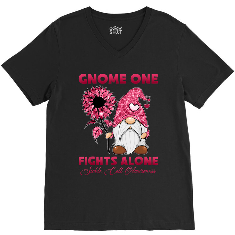 Gnome One Fight Alone Burgundy Ribbon Sickle Cell Awareness V-Neck Tee by NathanielDesign | Artistshot