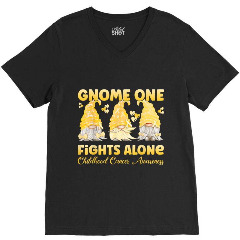 Gnome One Fights Alone Gold Childhood Cancer Awareness V-Neck Tee by NathanielDesign | Artistshot