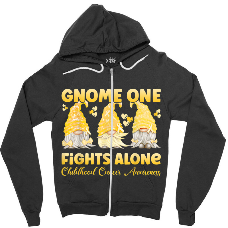 Gnome One Fights Alone Gold Childhood Cancer Awareness Zipper Hoodie by NathanielDesign | Artistshot