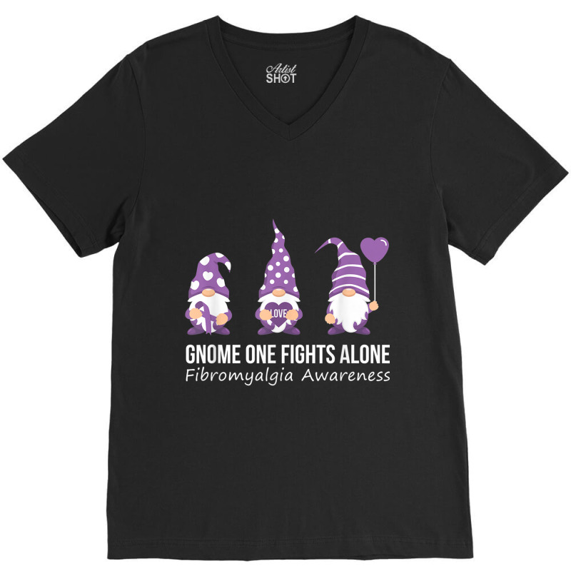 Gnome One Fights Alone  Fibromyalgia Awareness Warrior V-Neck Tee by NathanielDesign | Artistshot