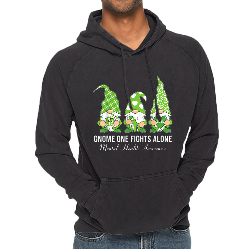 Green Ribbon Gnome One Fights Alone Mental Health Awareness Vintage Hoodie by NathanielDesign | Artistshot