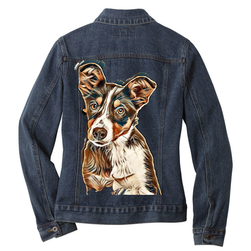 Australian Shepherd Dog Against Green Background Ladies Denim Jacket by Kemnabi | Artistshot