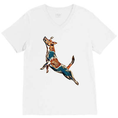 Isolated Jack Russell Action V-neck Tee Designed By Kemnabi