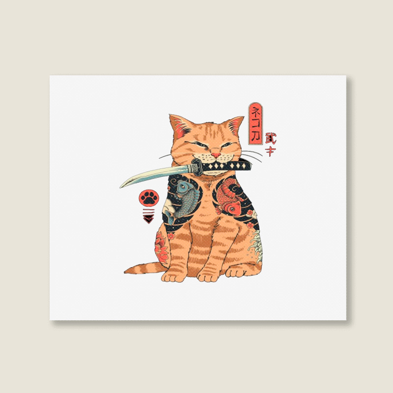 Japanese Samurai Ninja Cat Kawaii Tattoo Graphic Pullover Hoodie Landscape Canvas Print | Artistshot