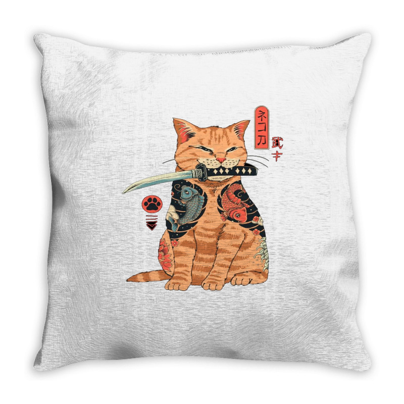 Japanese Samurai Ninja Cat Kawaii Tattoo Graphic Pullover Hoodie Throw Pillow | Artistshot