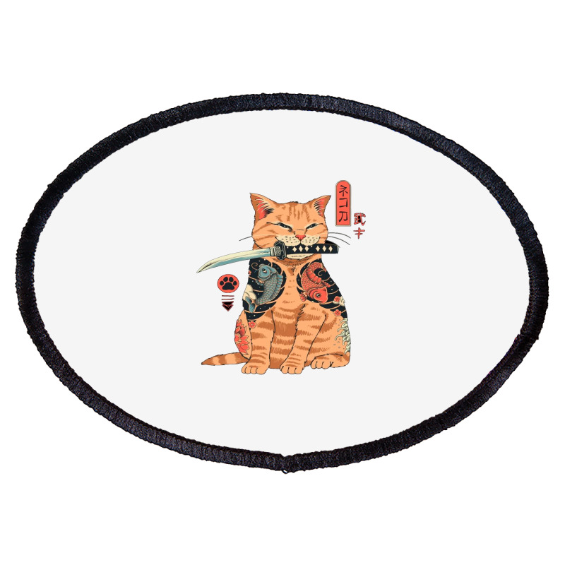 Japanese Samurai Ninja Cat Kawaii Tattoo Graphic Pullover Hoodie Oval Patch | Artistshot