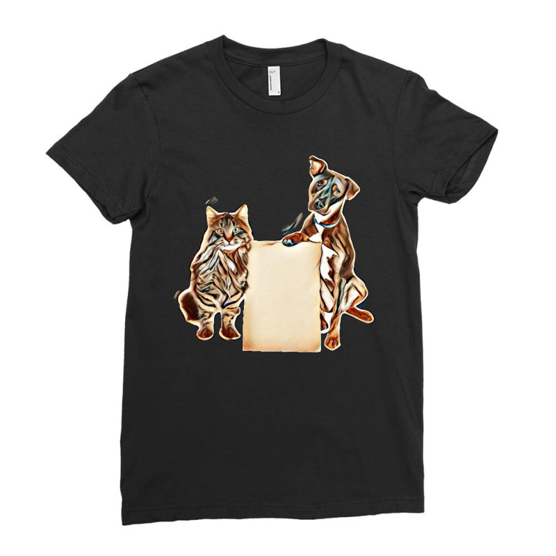 Cat And Dog Together Holding Blank Cardboard Sign To Enter Your Messag Ladies Fitted T-Shirt by Kemnabi | Artistshot