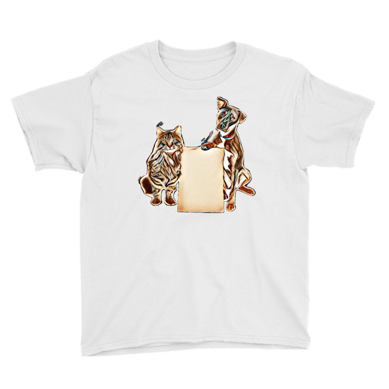 Cat And Dog Together Holding Blank Cardboard Sign To Enter Your Messag Youth Tee by Kemnabi | Artistshot