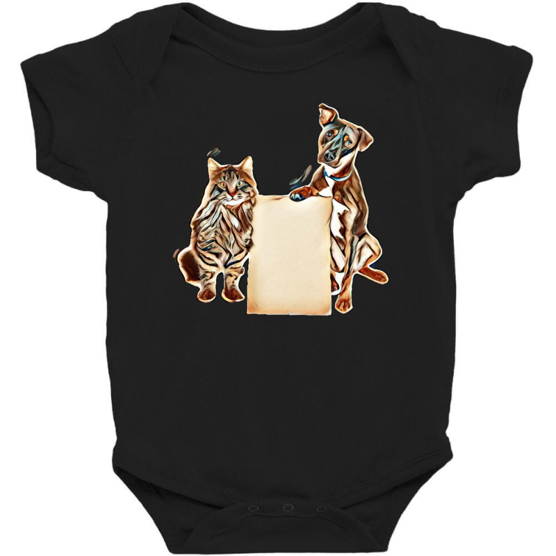 Cat And Dog Together Holding Blank Cardboard Sign To Enter Your Messag Baby Bodysuit by Kemnabi | Artistshot