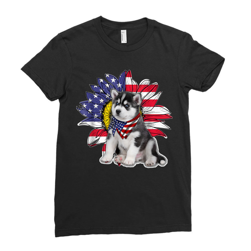 Sunflower American Flag Siberian Husky Dog Lovers Ladies Fitted T-Shirt by EaglesonBonnie | Artistshot