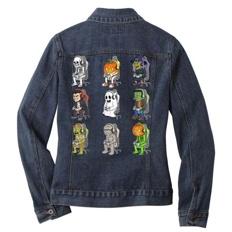 Gaming Halloween Skeleton Vampire Gamer Zombie Boys Kids T Shirt Ladies Denim Jacket by uekirstockpg | Artistshot