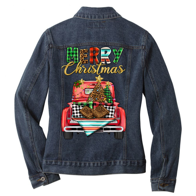 Merry Christmas Truck Ladies Denim Jacket by BarkalooDesign | Artistshot