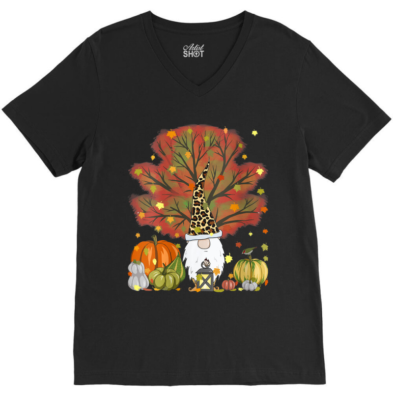 Womens Funny Fall Gnome Leopard Pumpkin Autumn Leaves Thanksgiving V-neck Tee | Artistshot