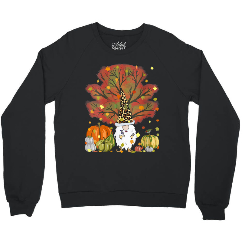 Womens Funny Gnome Leopard & Pumpkin Autumn Leaves Thanksgiving Crewneck Sweatshirt | Artistshot