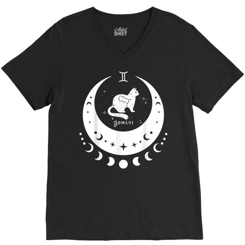 Zodiac Gemini Horoscope Astrology Sign Cat Crescent Moon T Shirt V-neck Tee | Artistshot