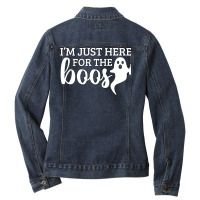 Halloween T  Shirti´m Just Here For The Boos Ghost White Stroke Text Ladies Denim Jacket | Artistshot