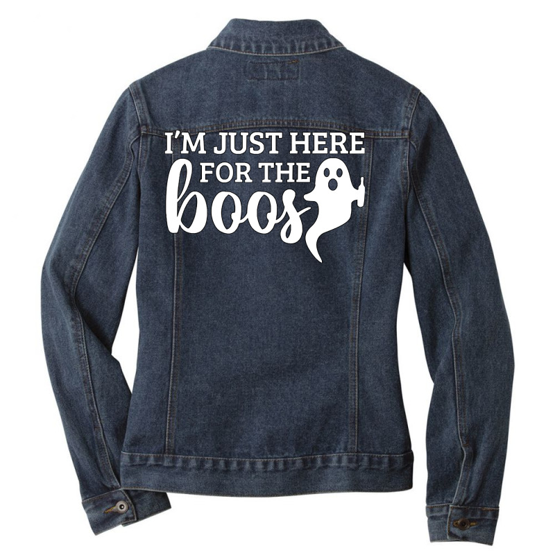 Halloween T  Shirti´m Just Here For The Boos Ghost White Stroke Text Ladies Denim Jacket by cauliflowermortgage | Artistshot