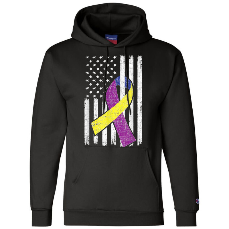 Bladder Cancer Awareness Purple Gold Ribbon American Flag Champion Hoodie by WirtzRichard | Artistshot