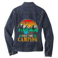 First Time Camping Funny Camper Lover Gift Ladies Denim Jacket | Artistshot