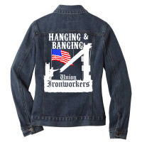 Union Ironworkers Hanging & Banging American Flag Pullover Hoodie Ladies Denim Jacket | Artistshot