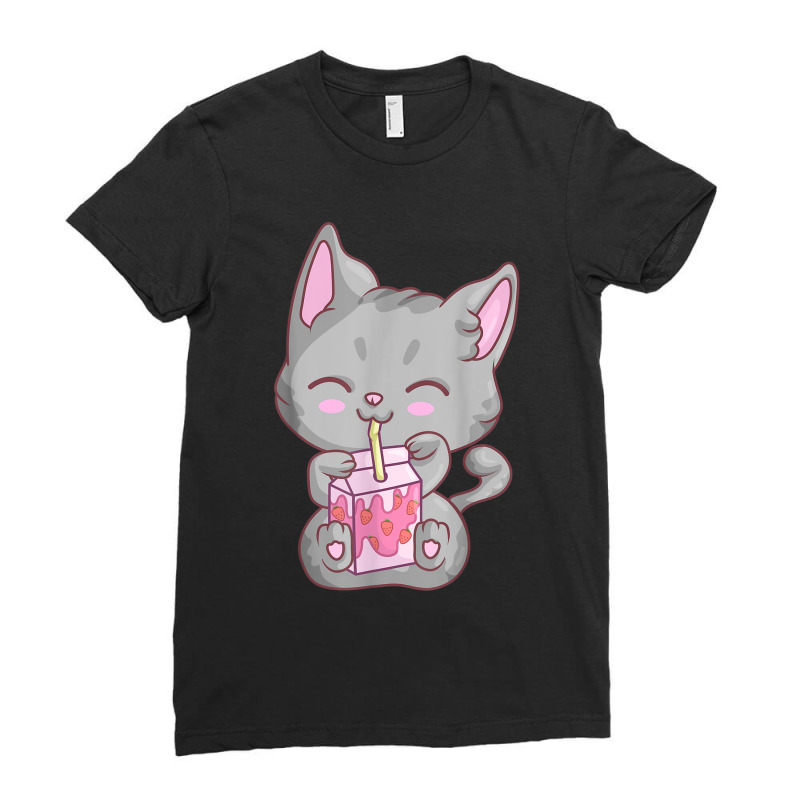 Kawaii Anime Cat For Women Girls Strawberry Milkshake Neko Ladies Fitted T-Shirt by MarquesDesign | Artistshot