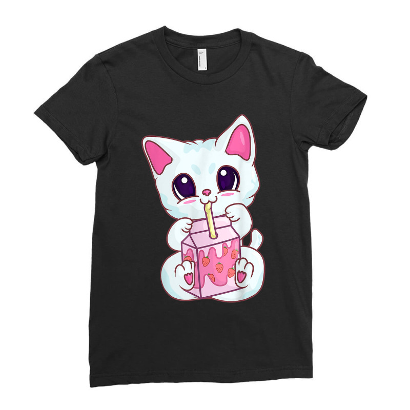 Kawaii Anime Cat Strawberry Milkshake Neko For Women Girls Ladies Fitted T-Shirt by MarquesDesign | Artistshot