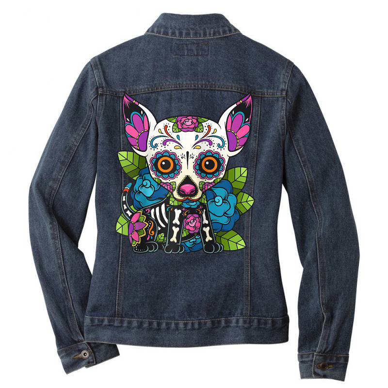 Chihuahua Sugar Skull Mexico Dog Calavera Dia De Los Muertos Raglan Ba Ladies Denim Jacket by roopeedwrich76 | Artistshot