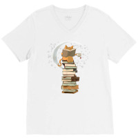 Reading By Moonlight, Books, Coffee And Cute Cat T Shirt V-neck Tee | Artistshot