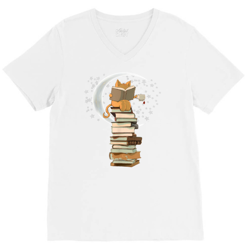 Reading By Moonlight, Books, Coffee And Cute Cat T Shirt V-neck Tee | Artistshot