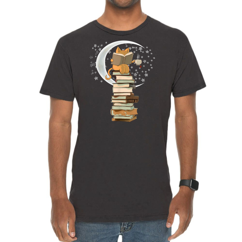 Reading By Moonlight, Books, Coffee And Cute Cat T Shirt Vintage T-shirt | Artistshot