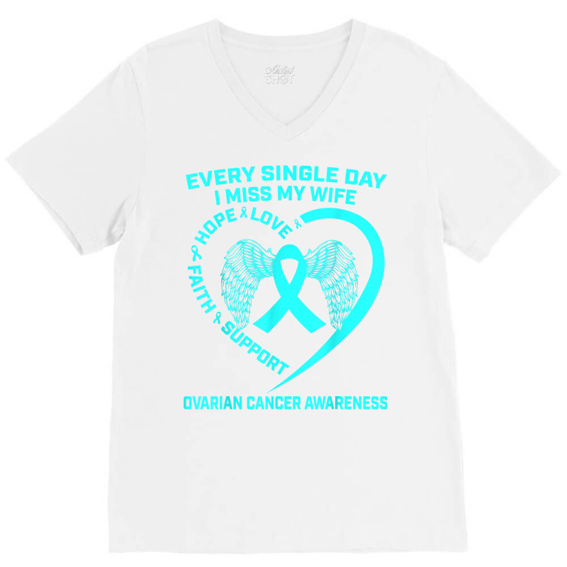 Teal Ribbon In Memory Of My Wife Ovarian Cancer Awareness T Shirt V-neck Tee | Artistshot