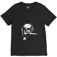 Skull Headphone Knife Dog Tag Costume Cool Halloween V-neck Tee | Artistshot