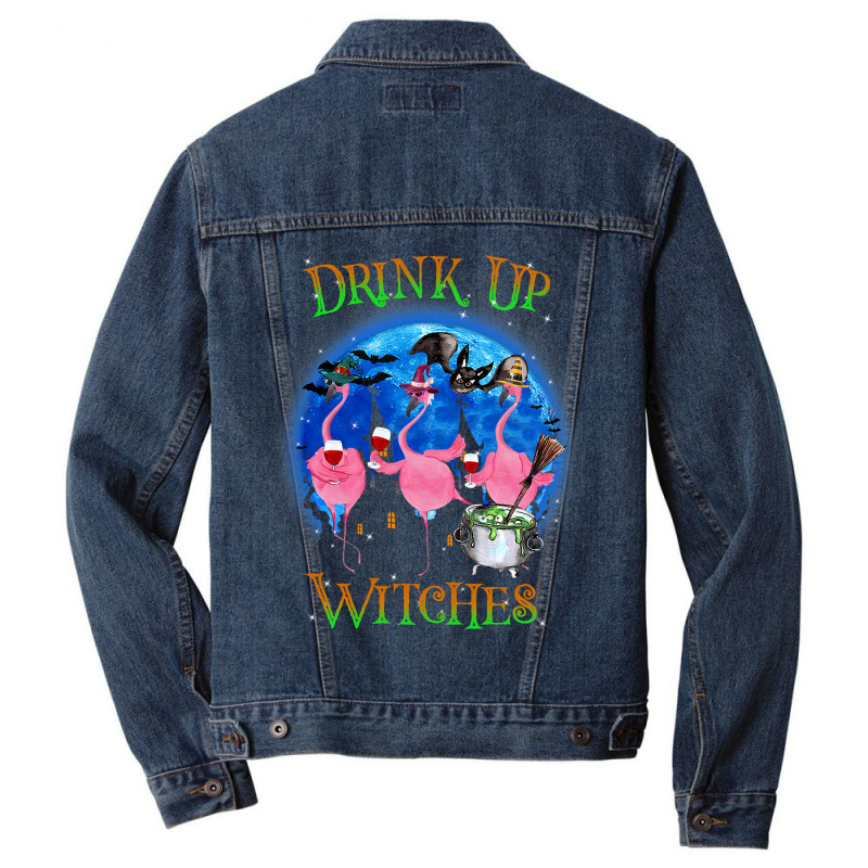 Flamingo Tropical Drink Up Witches Flamingo Witch Vibes Halloween Cost Men Denim Jacket by pester | Artistshot