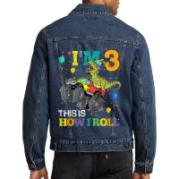 Kids T Rex Dinosaur Monster Truck 3rd Birthday Boys And Girls Games Ch Men Denim Jacket | Artistshot