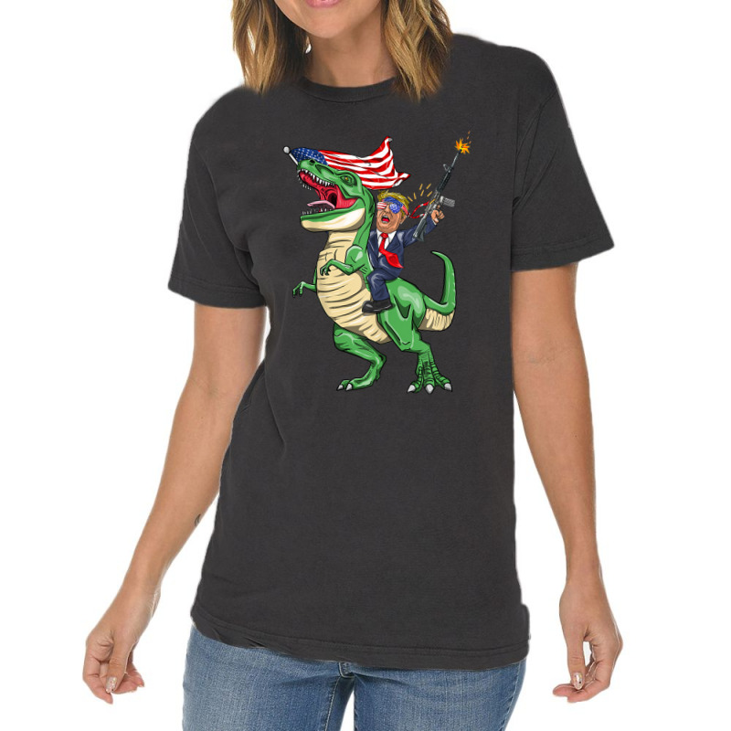 Machine Gun Trump On T Rex Dinosaur With American Flag Women My Favori Vintage T-shirt | Artistshot