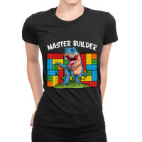 Master Builder Funny Building Blocks T-rex Dinosaur Characters Video G Ladies Fitted T-shirt | Artistshot