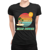 Hello Summer Vacation Palm Tree Sun Birds And Sea Ladies Fitted T-shirt | Artistshot