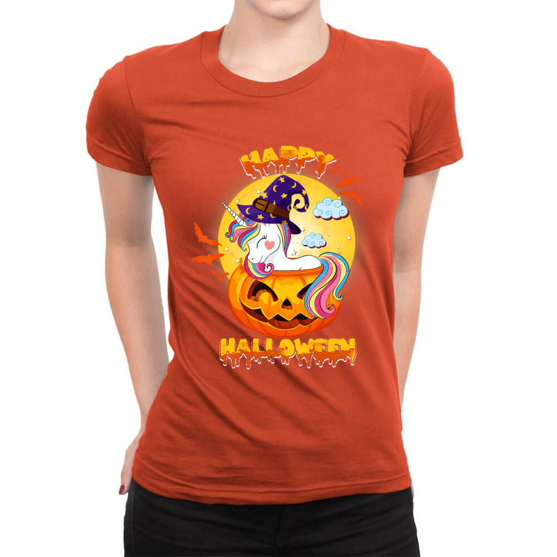 Happy Halloween Cute Candy Corn Unicorn With Witch Hat Girls Ladies Fitted T-Shirt by BuenoBloom | Artistshot