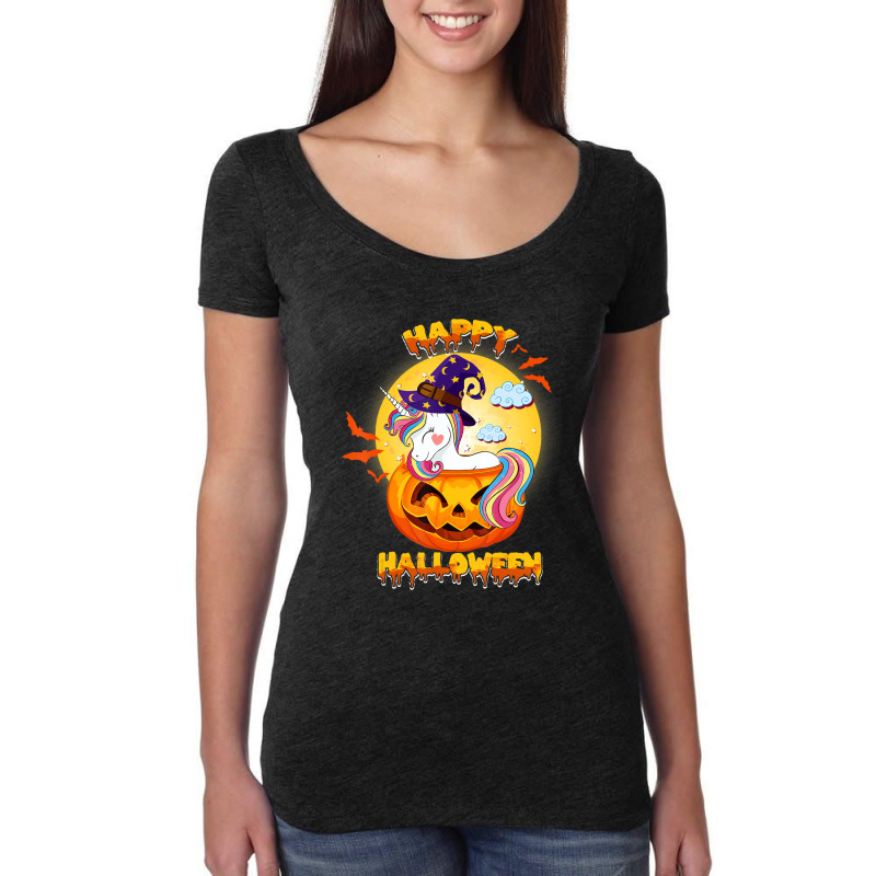 Happy Halloween Cute Candy Corn Unicorn With Witch Hat Girls Women's Triblend Scoop T-shirt by BuenoBloom | Artistshot