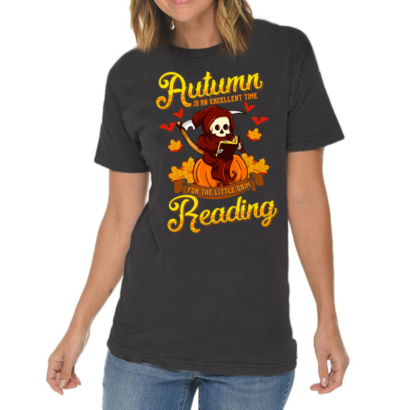 Book Halloween Grim Reaper Autumn Excellent Time Little Grim Reading Vintage T-Shirt by peafowl | Artistshot