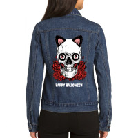 Skull Skeleton Rose Happy Halloween Kitty Ears Rose Skull Bones Ladies Denim Jacket | Artistshot