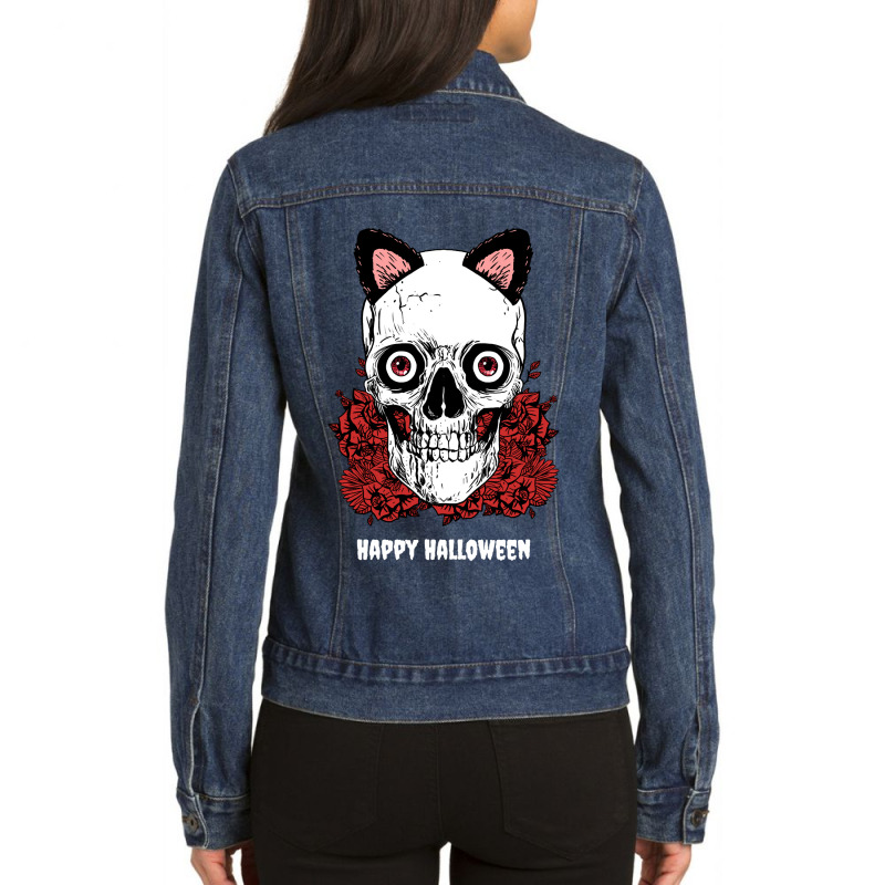 Skull Skeleton Rose Happy Halloween Kitty Ears Rose Skull Bones Ladies Denim Jacket by peafowl | Artistshot