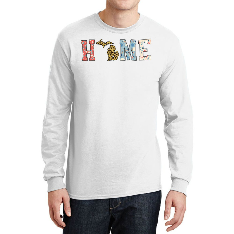 Home State Michigan Map With Floral Pattern And Leopard Texture Long Sleeve Shirts | Artistshot