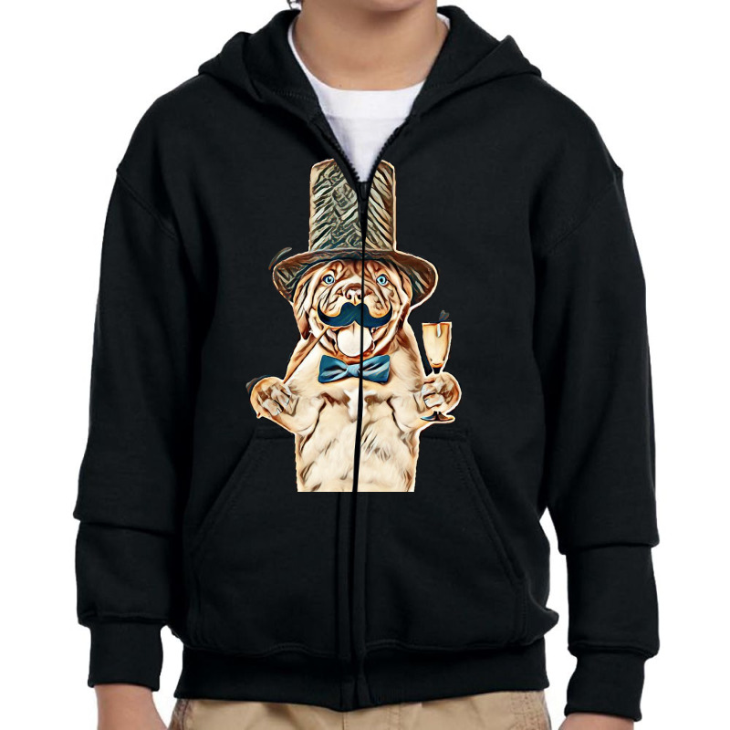 Puppy Gentleman Wearing Tie Bow And Cylinder Hat Holds  Mustache On St Youth Zipper Hoodie | Artistshot