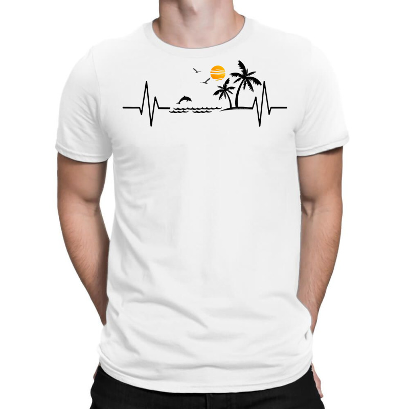 Heartbeat With Tropical Palm Trees Beach Island And Dolphin T Shirt T-Shirt by klezgbnist | Artistshot